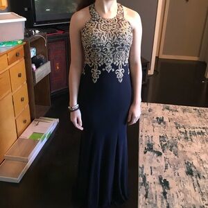 Xscape Navy Blue Halter Prom Dress with Gold Embroidery